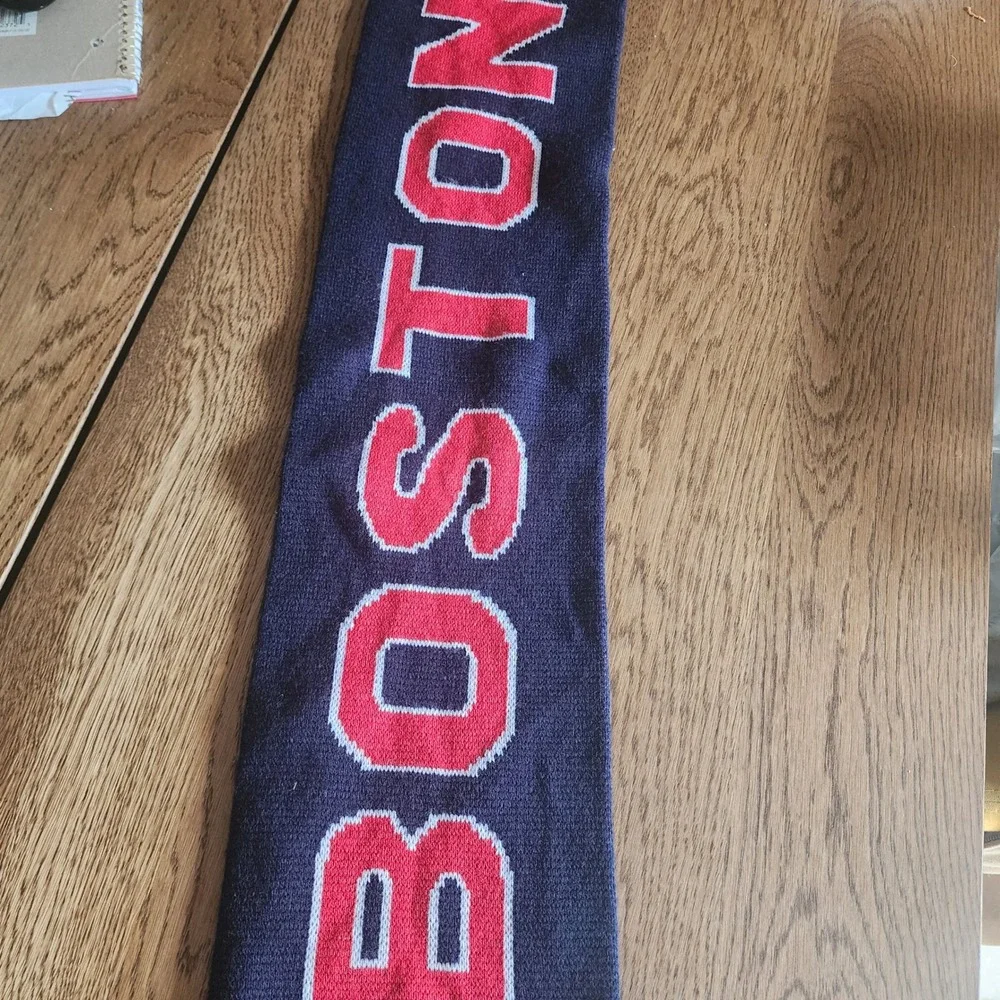 Boston Knit Scarf Navy Blue Red White Block Letter Fringe Sports Fan Accessory